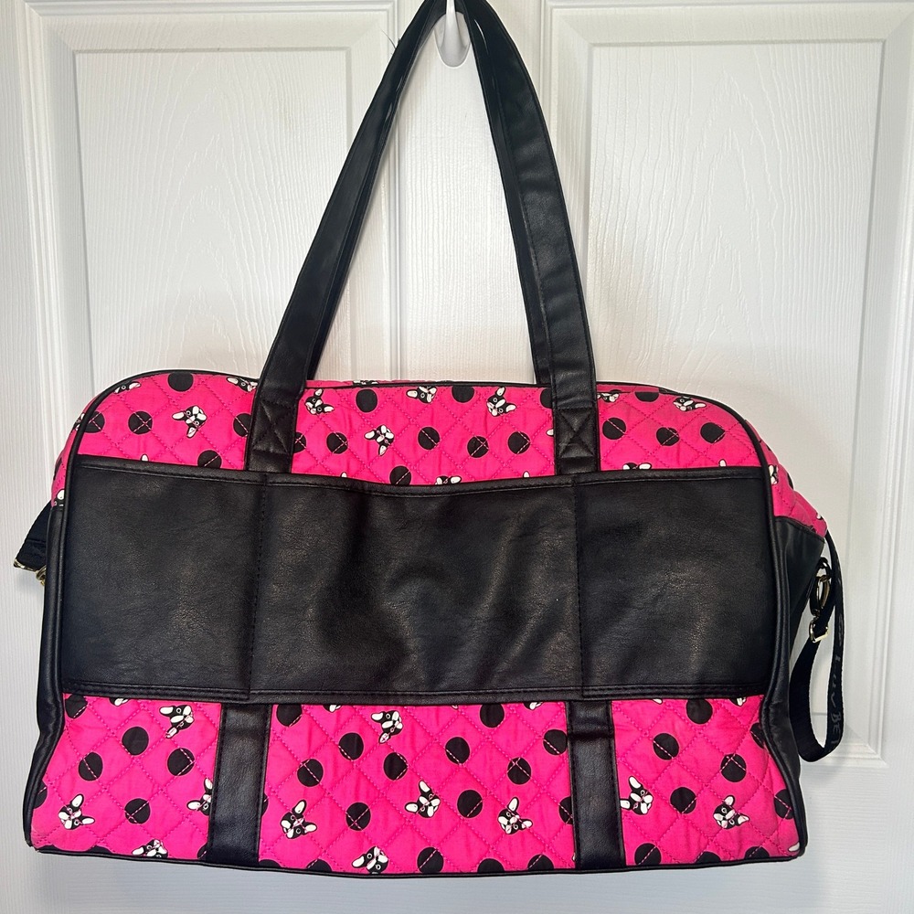 Betsey Johnson Pink French Bulldog Polka Dot Quilted Duffel Bag Weekend Travel - Picture 7 of 14